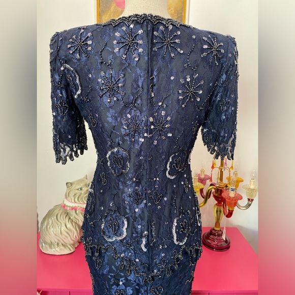 VTG SCALA NAVY BLUE BEADED EVENING GOWN DRIPPY HEM SEQUINED PS PETITE SMALL - Picture 10 of 12